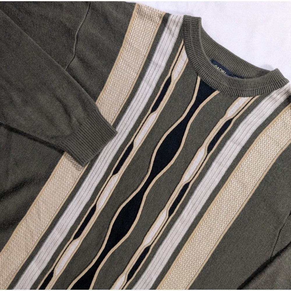 Gachu Coogi Style Vertical Stripe Sweater Casual Retro Y2K 3D Green Men's L